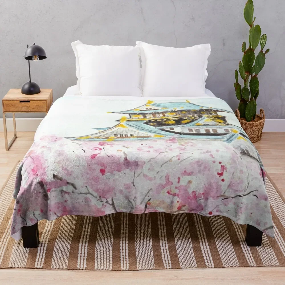 

hand painted Japan Osaka castle and sakura watercolor painting Throw Blanket Plush Fuzzy Cozy Blanket for Couch Sofa