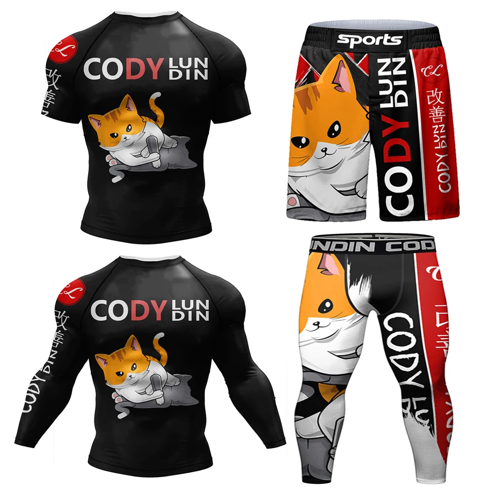 Nowa koszulka Jiu Jitsu Rashguard + spodnie męskie boks MMA brazylijski Grappling Bjj wysypka odzież sportowa spodenki Muay Thai Boxeo