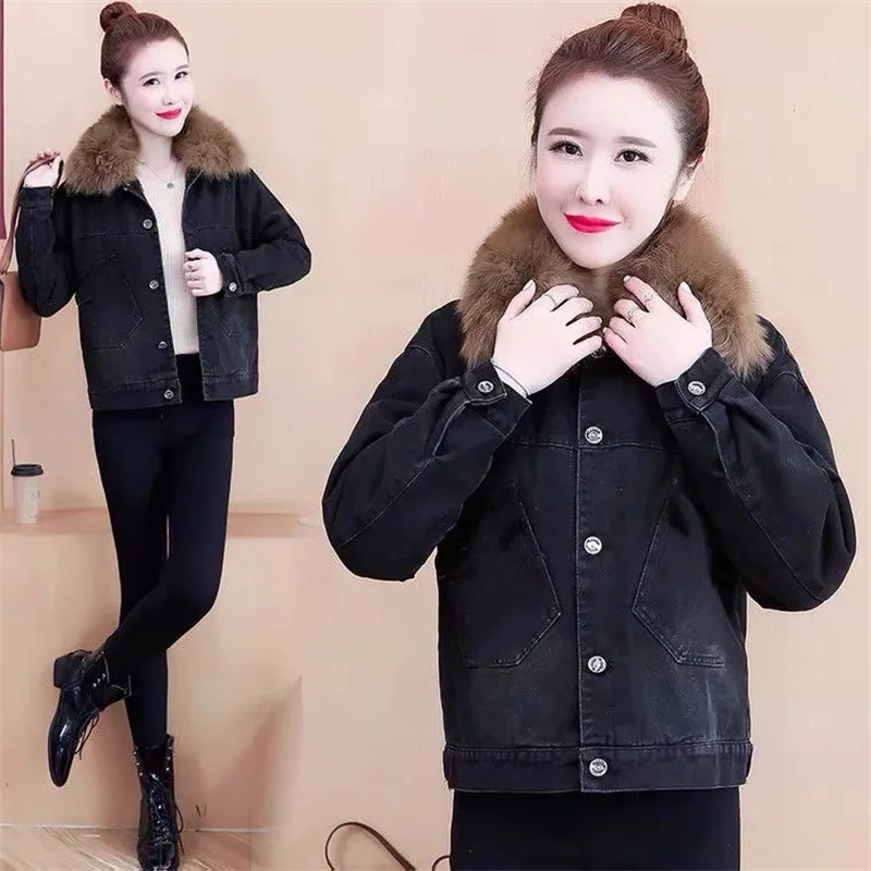 Fleece Denim Jacket Women Short Outerwear Cotton-padded Coat Autumn Winter Fur Collar Butterfly Embroidery Loose Warm Jean Coats