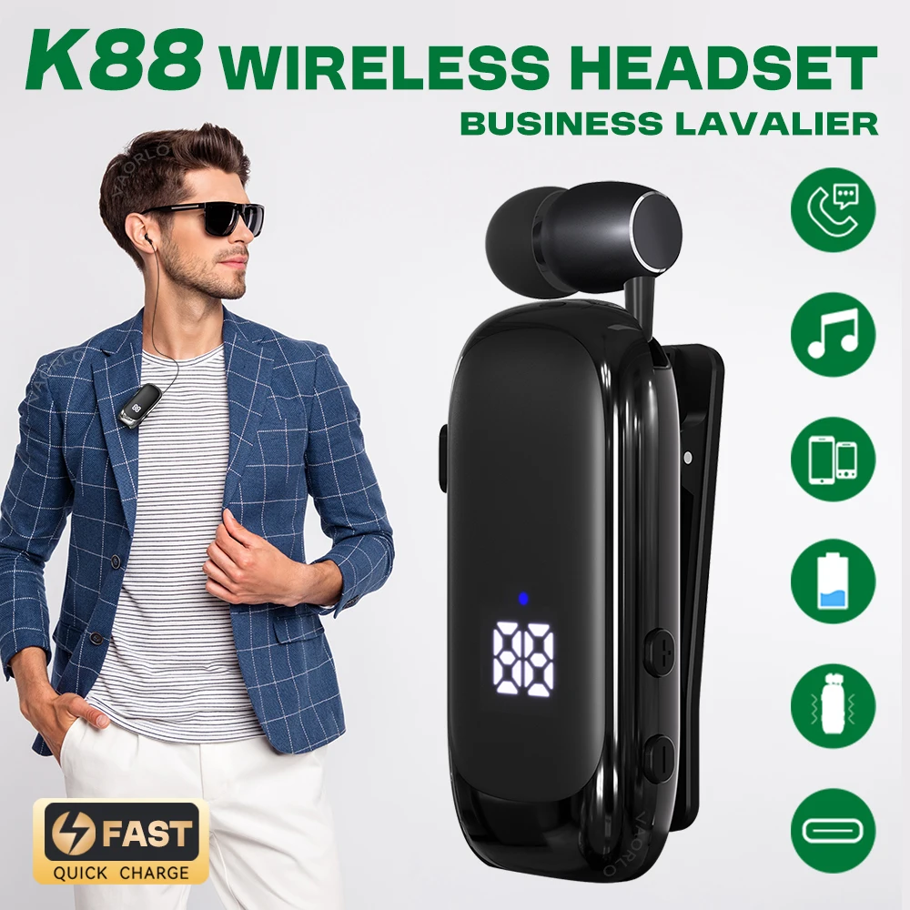 K88 Lavalier Business Bluetooth 5.4 Headphone Talk/Music Time 20 Hours,LED Digital Display,Noice Cancelling Wireless Earphones