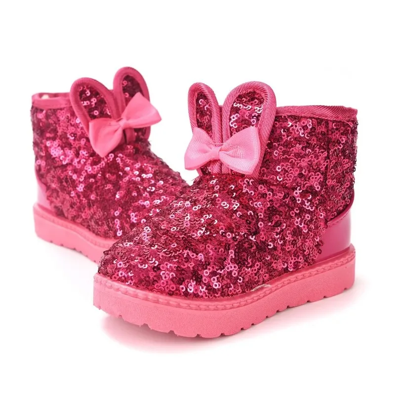 Botas cortas de algodón de lana cómodas para niños, botas de nieve cálidas y gruesas para niñas, zapatos de algodón con lazo de Color sólido con lentejuelas para invierno