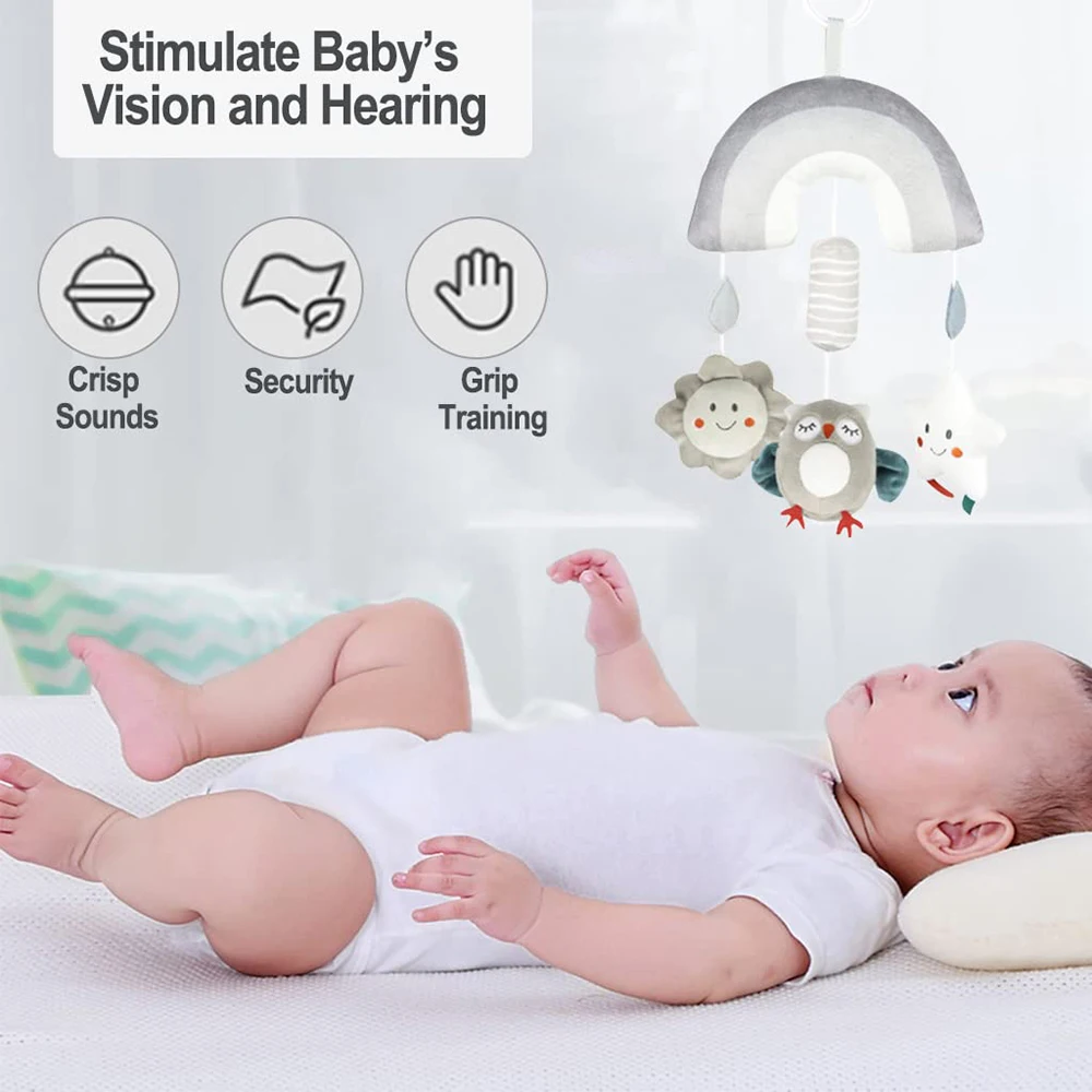 Baby Clip On Hanging Plush Toy Stroller and Car Seat Sensory Activity Toys with Wind Chimes and Jingle for Newborn Infant Gifts