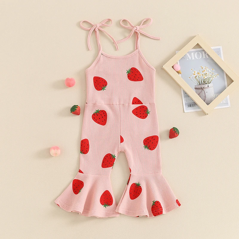 

VISgogo Kid Girls Jumpsuit Spaghetti Straps Strawberry Print Romper Clothes for Party Casual Summer Clothes