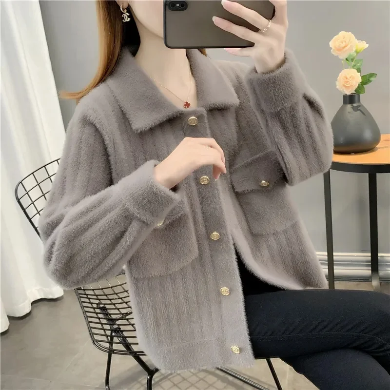 Coat Women\'s Spring Autumn 2024 New Short Mink Velvet Jacket Fashion Loose High Quality Outwear Zipper Knit Cardigan Female Tops