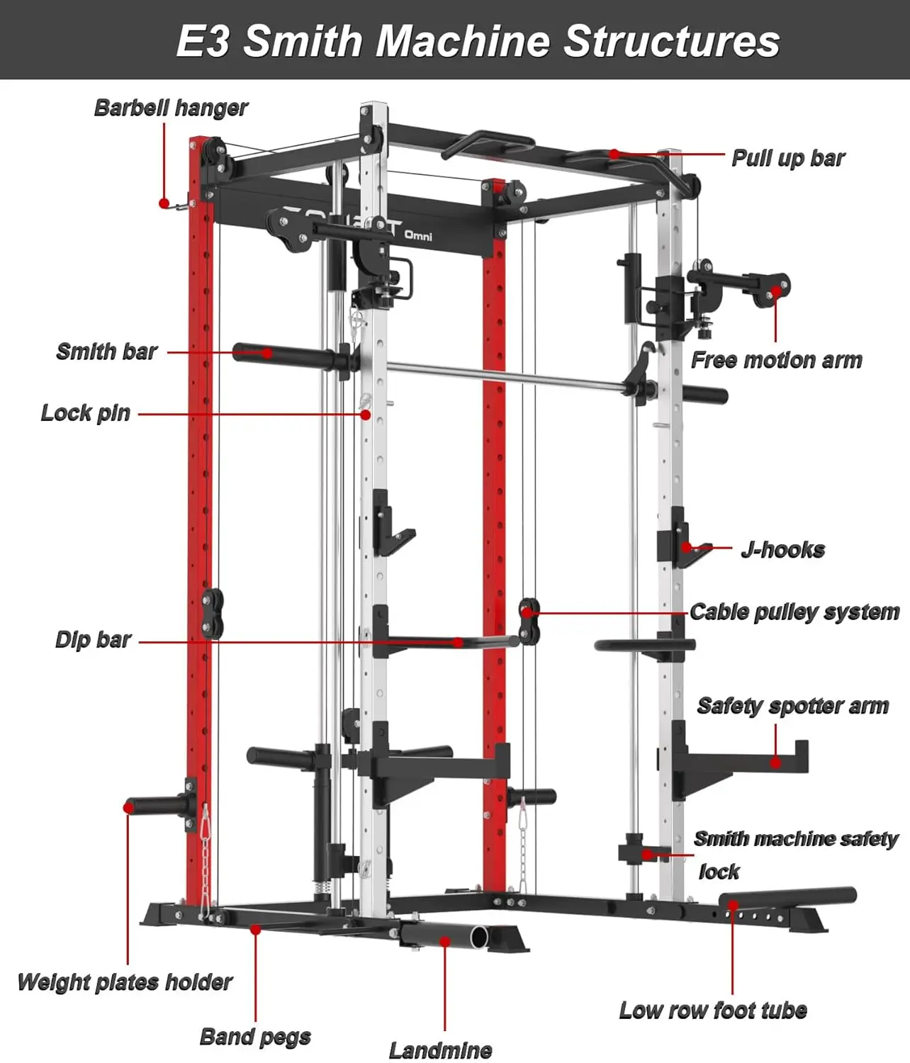 Power Rack with Smith Machine, Home Gym Power Cage with Pulley System, Cable Crossover and LAT Pulldown for Strength Training Eq