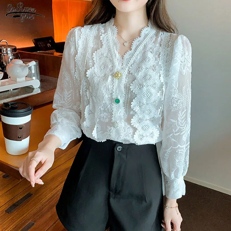 Elegant Hollow Lange Mouwen Wit Blouse 2022 Herfst V-hals Franse Vintage Kant Stiksels Shirt Vrouwelijke Tops Knoppen Blusas 23024