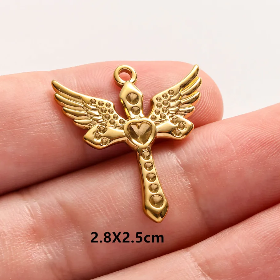 5 Stück/Lot Niedliche Engelsflügel Mädchen-Anhänger in Goldfarbe aus Edelstahl Kreuzanhänger für Schmuckherstellung DIY Ohrringe Halskette Schlüsselanhänger – Detail 4