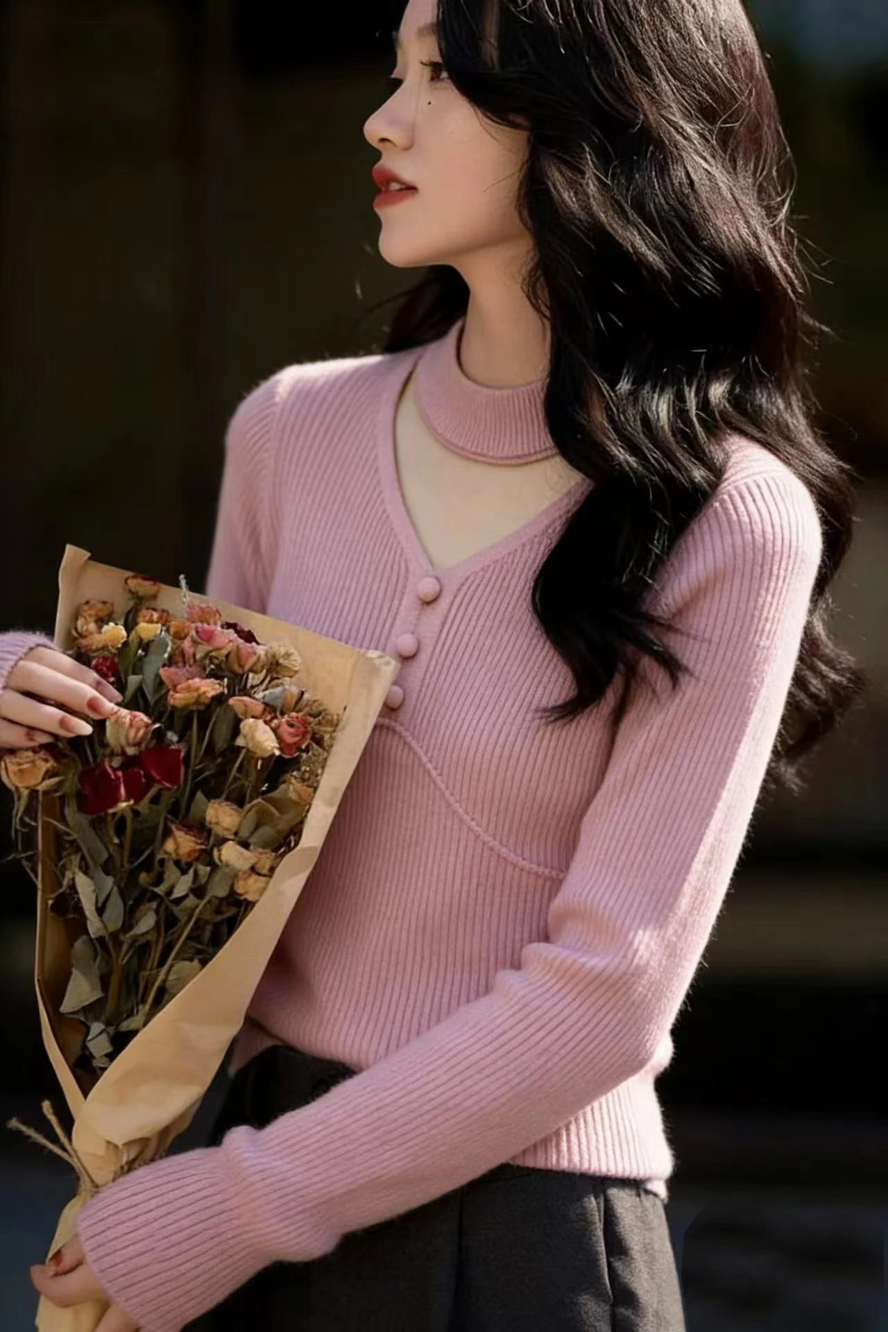 

Spring and Autumn Korean Style Women's Top New Design Sense Elegant Halter V-Neck Long Sleeve Knitted Sweater