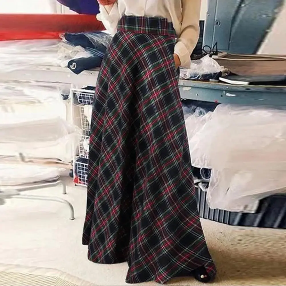 Spring Autumn Women Maxi Skirt A-Line Plaid Print High Waist Floor Length Large Hem Skirt Comfortable Plaid Print Lady Skirt