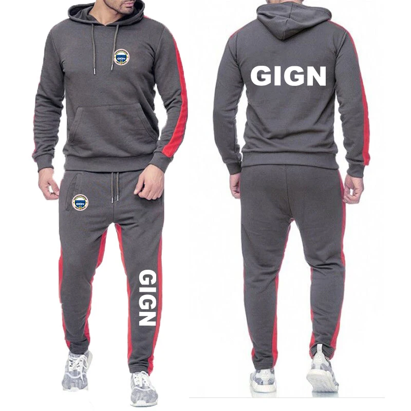 Heren Frankrijk Gendarmerie Gign Herfst Effen Kleur Capuchon Sweatshirt Pak 2-delige Set Sportieve Joggingbroek Casual Stijl Set