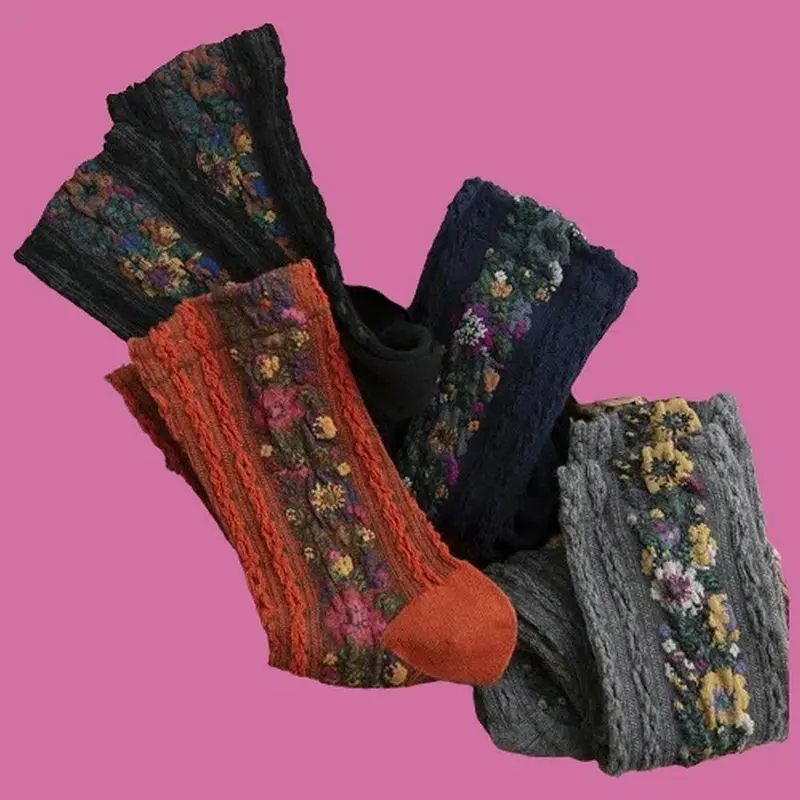 Calcetines de algodón de alta calidad para mujer, medias artísticas de cáñamo con patrón oscuro de flores, estilo étnico personalizado, 5 pares, 2024