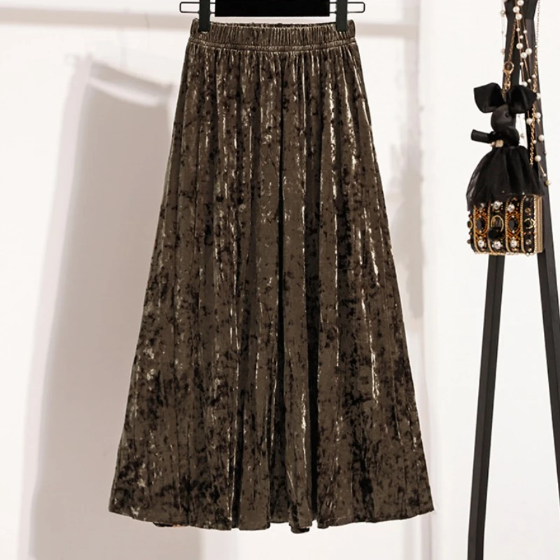 

Solid Versatile High Waist Mid Skirt 2025 Plus Size Gold Velvet Half Pleated Skirt Autumn Winter Girls New A-line Velvet Skirt