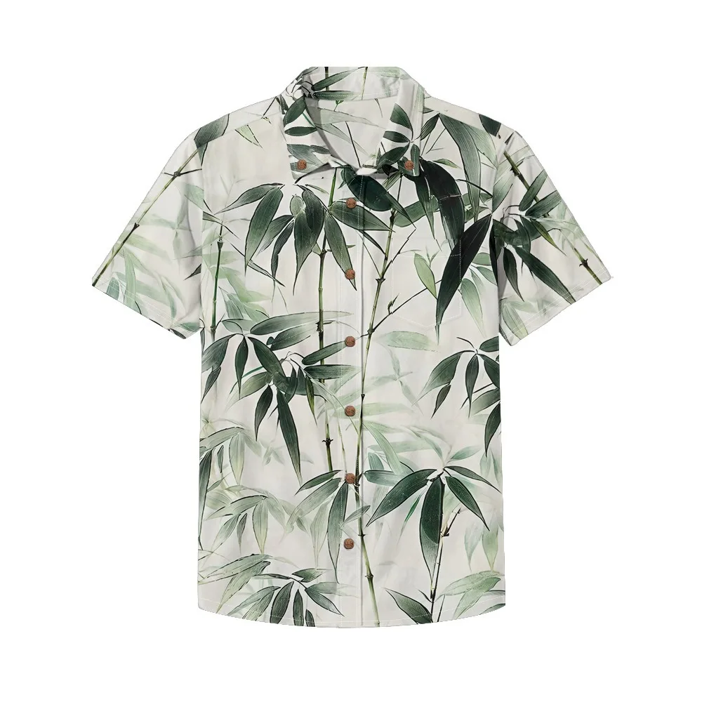 Retro Bamboo Leaves Print Cotton Shirts Vintage Men's Casual Button-Down Shirt Loose Streetwear Summer Hawaiian Beachwear Tops