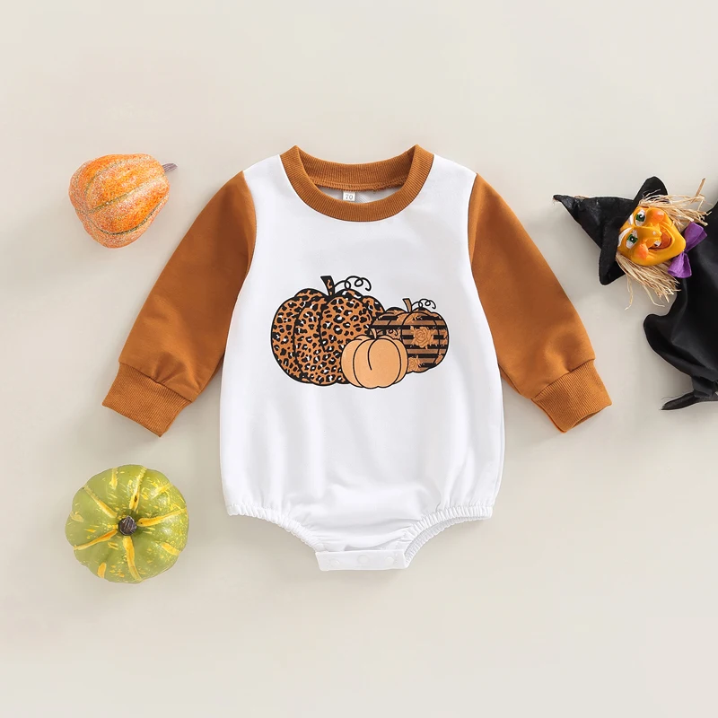 Toddler Girls Halloween Romper with Ruffle Sleeve Round Neck Pumpkin Print Jumpsuit Contrast Color Patchwork Baby