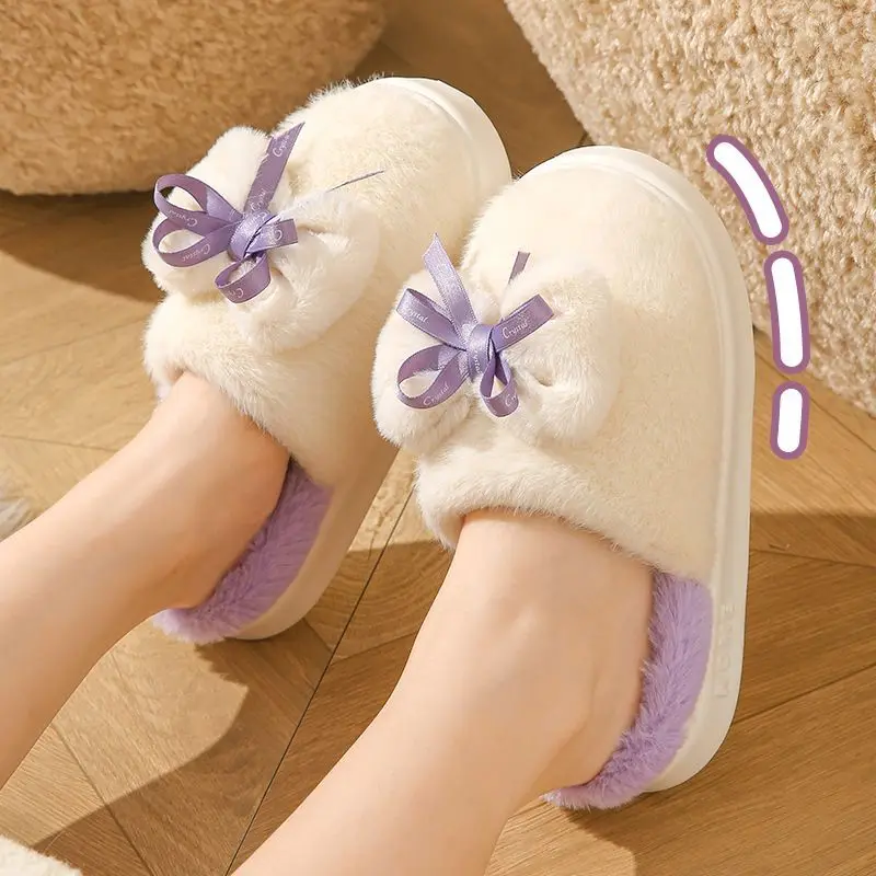 Women Winter Plush Slippers Warm Anti Slip Princess Style Home Outdoor Furry Cat Design Cozy House Shoes for Ladies