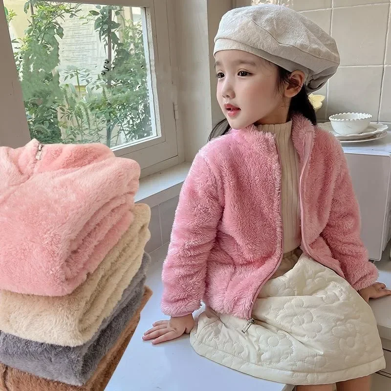 

Girls Imitation Fur Sweatshirt Spring Autumn Warm Fleece Tops Zipper Jacket Children's Sweater Toddler Girl Casual Clothes 2-10Y