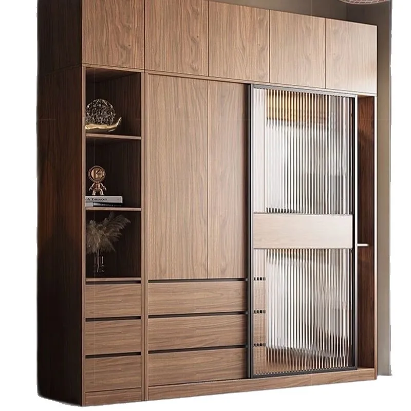 

Nordic sliding door wardrobe with glass cabinet sliding door log color medium and ancient style home bedroom group wardrobe