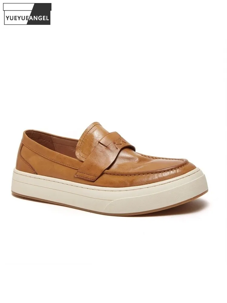 Casual Men Comfortable Outside Slip On Thick Platform Horsehide Genuine Leather Skateboard Shoes Joggers Ventilate Male Sneakers