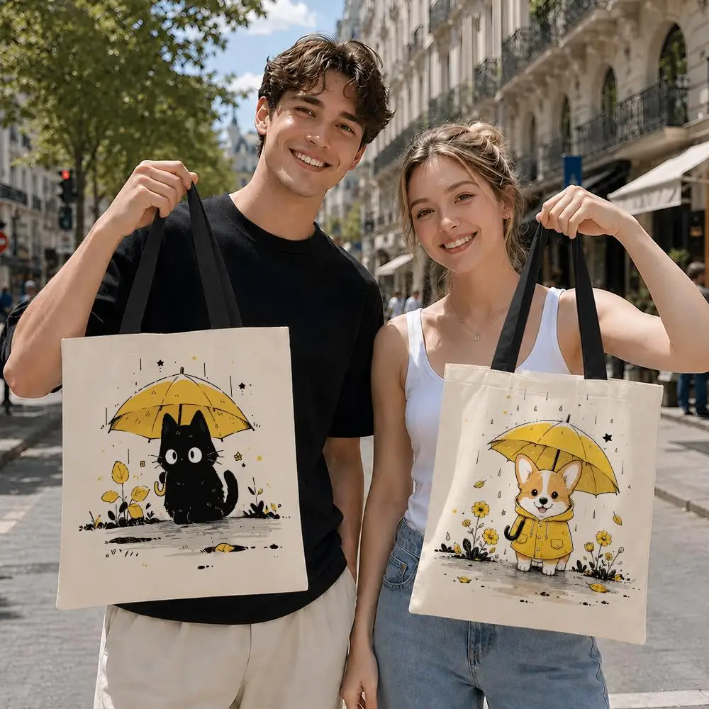 Animals in the Rain Storage Bags Eco‑Friendly Canvas Tote Bag Casual Handbag for College Travel Daily Shopping