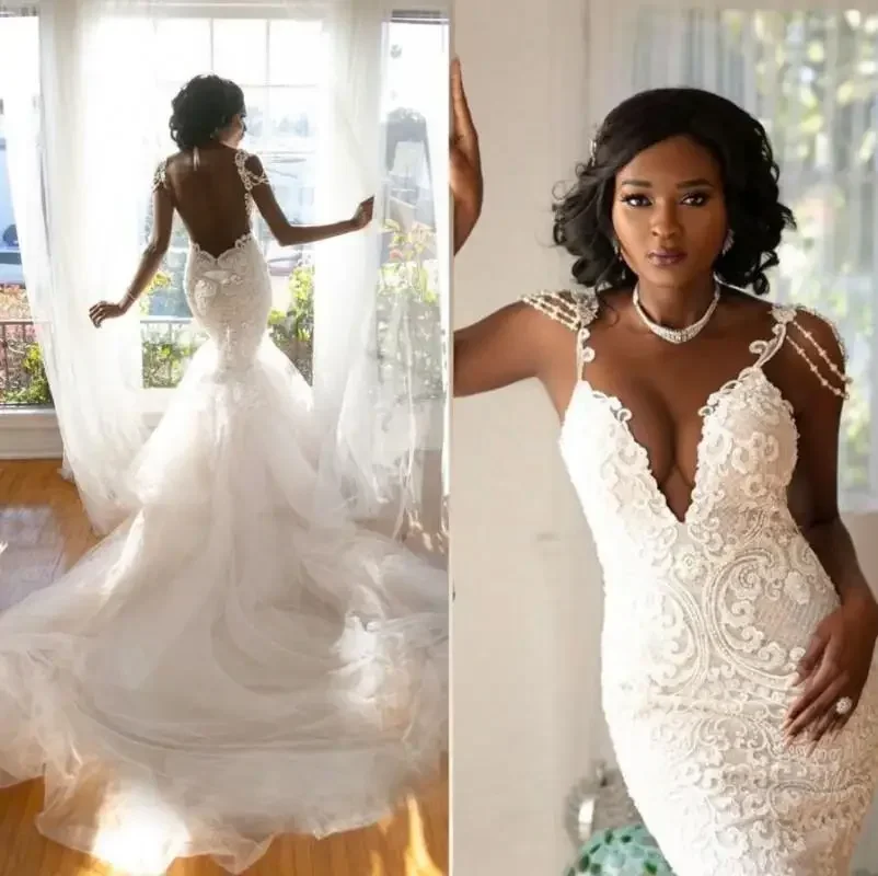 Maßgeschneiderte afrikanische Meerjungfrau-Spitze Brautkleider Sweep Zug Sexy rückenfreie Tüll-Brautkleider nach Maß