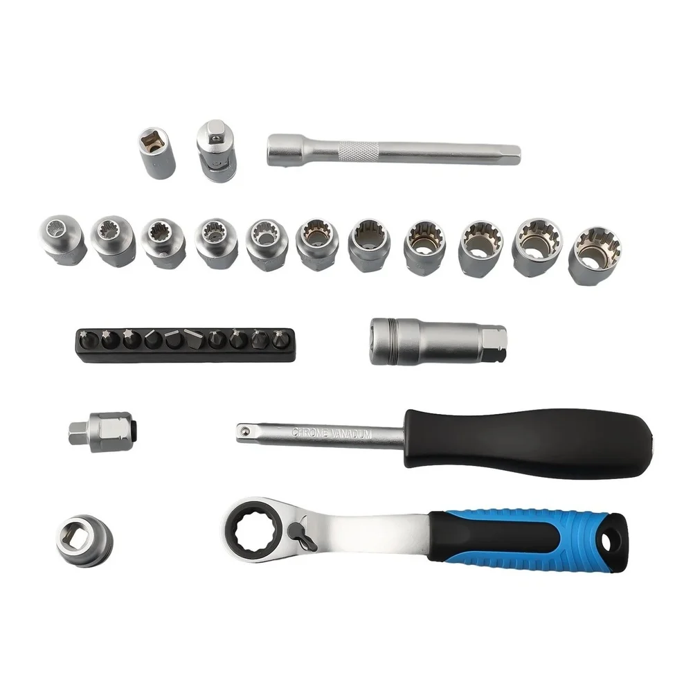 Steel 3/8in Drive 17 Piece Socket Kit with for pass Through Sockets Ratchet and Extension for Long and Threaded Rod Work