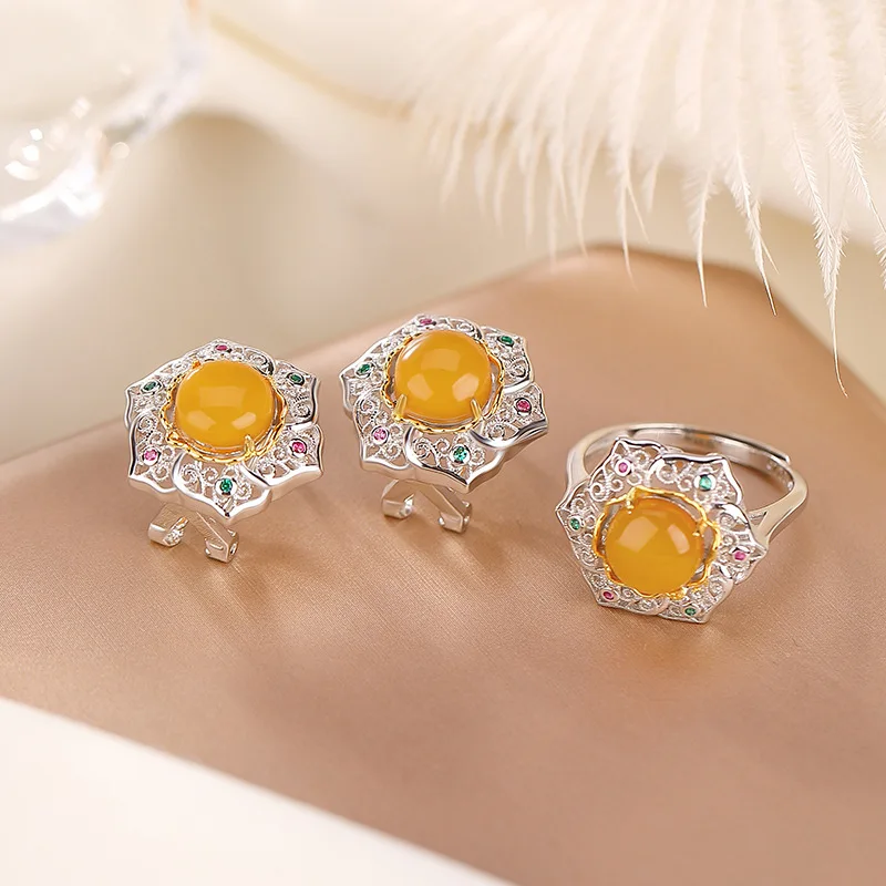 S925 Sterling Silver Amber Fashion Hollow Cloud Pattern Earrings And Ring Versatile Two-Piece Set