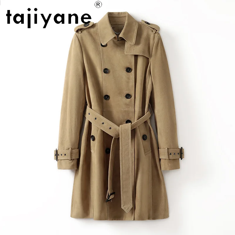 TAJIYANE Top Layer Goat Suede Genuine Leather Jacket Women Belted Jackets Slim Fit Leather Outerwear Lapel Long Trench Coat 89cm