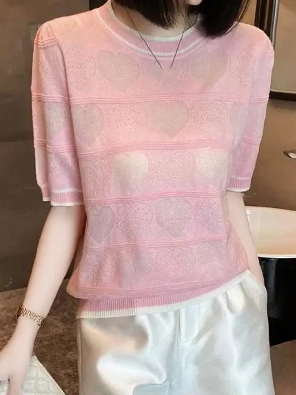

Casual Loose Hollow Ice Silk Clothes Elegant Solid Color Tied Waist Blouse Women Summer Half Sleeveround Neck Shirt Z284