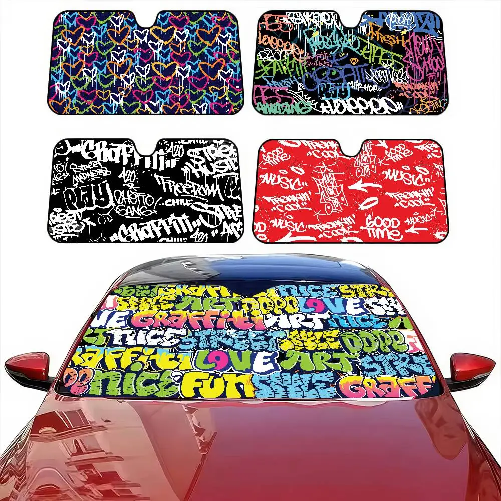 

Graffiti Alphabet Print Car Windshield Sunshade - 70x130cm Anime Foil, Foldable, UV Block, Front Window Sun Visor