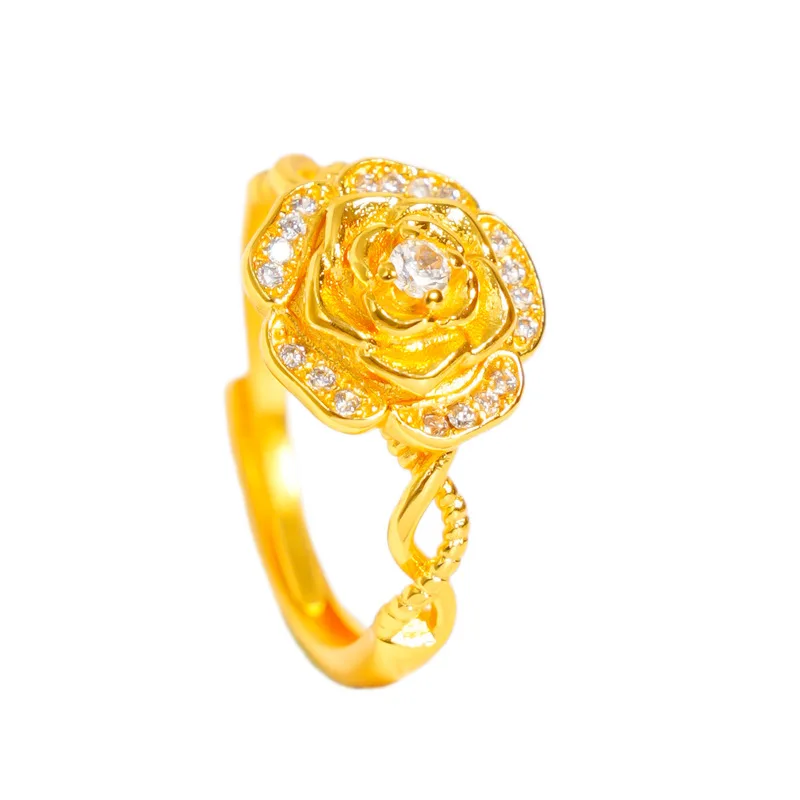 18 Kt Gold Color Flower Living Ring for Women Bride Diamond Encrusted Audrey Rose Ring Adjustable Rings Jewelry Gifts Not Fade