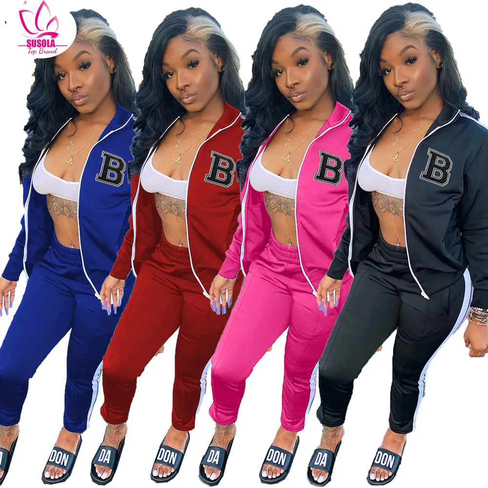 SUSOLA Letter B Baseball Women's Tracksuit Single Breasted Jacket And Sweatpants Matching Two 2 Piece Set Outfits Sweatsuit