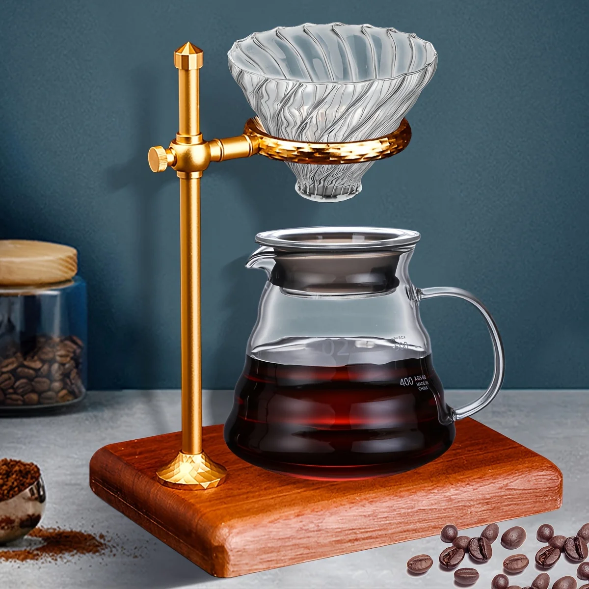 

Pour Over Coffee Maker Set, Include Height Adjustable Coffee Filter Stand with Sapele Wood Base, Glass Coffee Carafe and Dripper