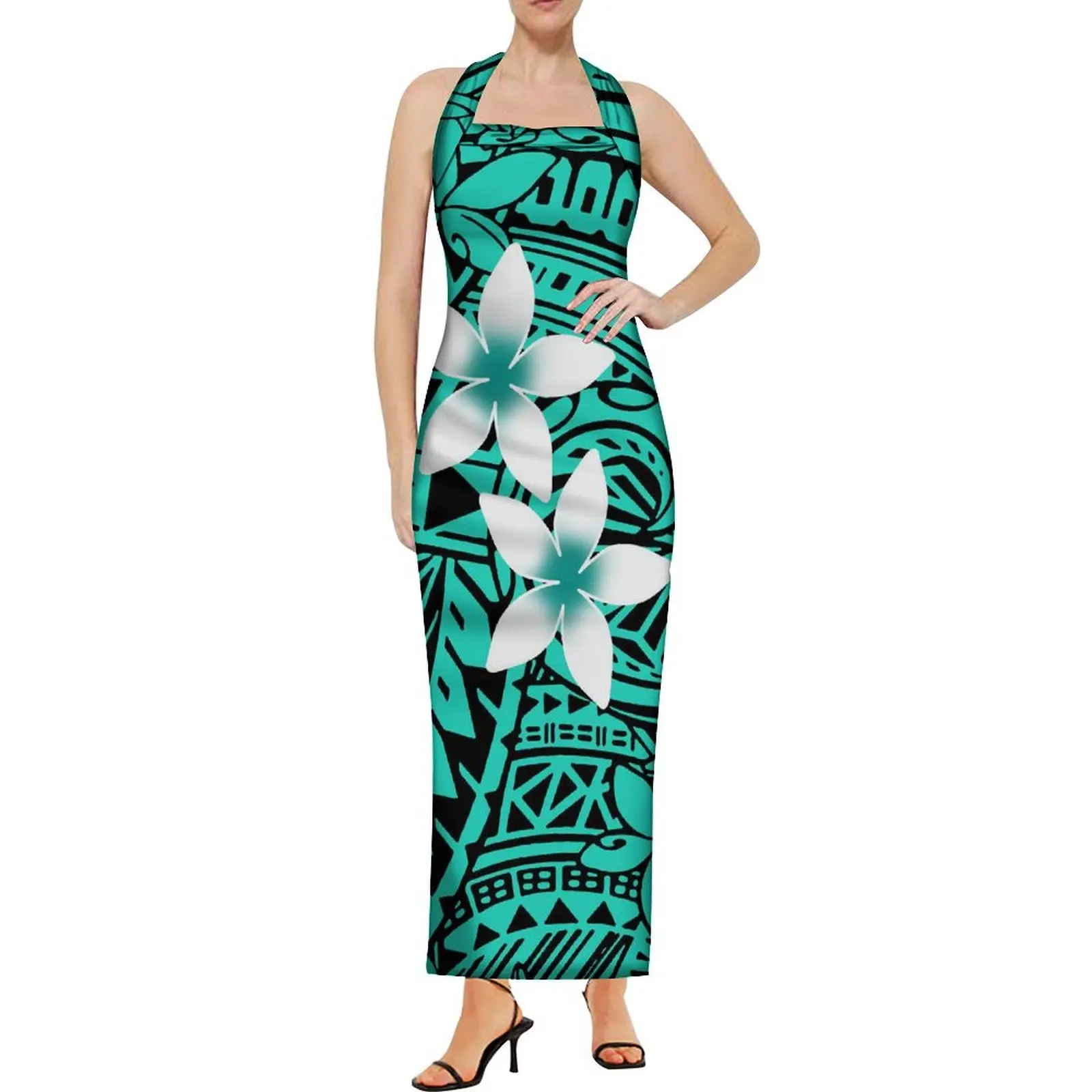 2024 Polynesian Ladies Maxi Floral Print Artist Custom Ribbed Print Island Dress Hawaiian Slit Temperament Slim-Fit Dress