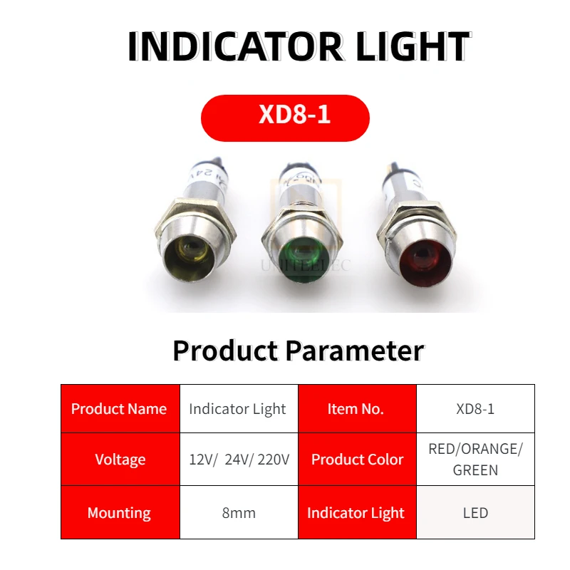 Uniteeelec Small Mounting Diameter 8mm Green Red Orange 220V 24V 12V  Power Motorcycle Indicator LED  Lights  Red Light