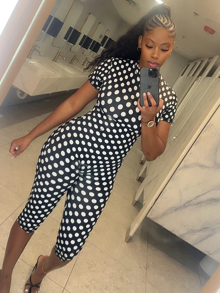 Sisterlinda Print Romper Women Sexy Backless Fashion Turtleneck Short Sleeve Stretch Hottie Trend Midnight Street Clubwear
