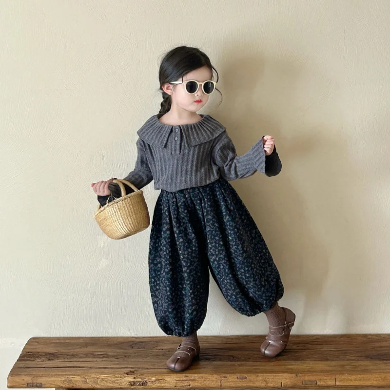 

Children's Outfit New Spring and Autumn Girls' Knitted Fashion Turn-down Collar Bell Sleeve Sweater+Casual Pants Two-Piece Set