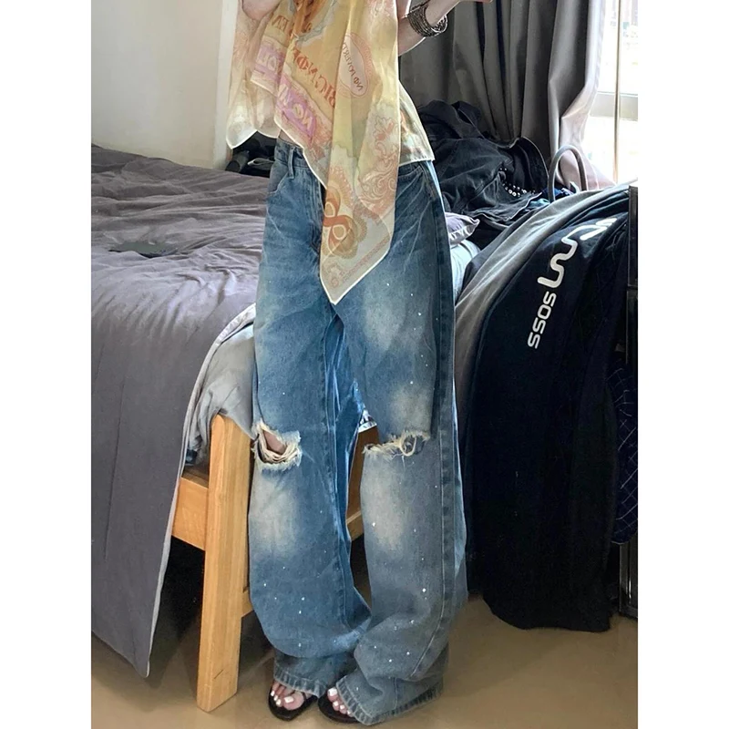 

Женские синие низкие широкие брюки Y2K, модные джинсы, осенние мешковатые джинсовые брюки с высокой талией, женские уличные брюки в стиле ретро с высокой талией