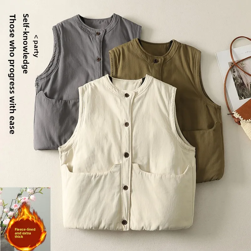 

Faionable Retro Ladies Casual Cotton Vest Jaet ort Single Button Autumn Winter Clothes Korean Sle Large Size Commute
