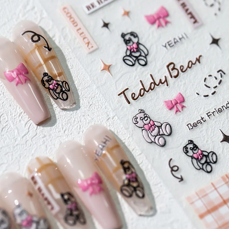 Lovely Cartoon Bear Bowknot Checked Pattern 5D Embossed Reliefs Self Adhesive Nail Art Stickers Cute Manicure Decals Wholesale