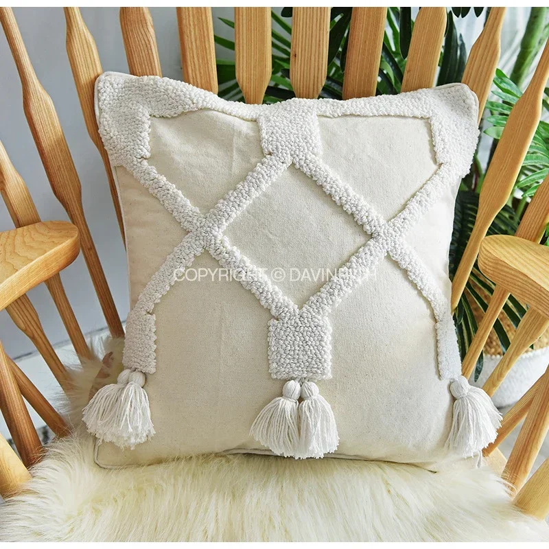 

India Handmade Throw Pillow Covers Pure White Ethnic Bohemian Geometric Tufted Cushion Case For Living Room Sofa Couch