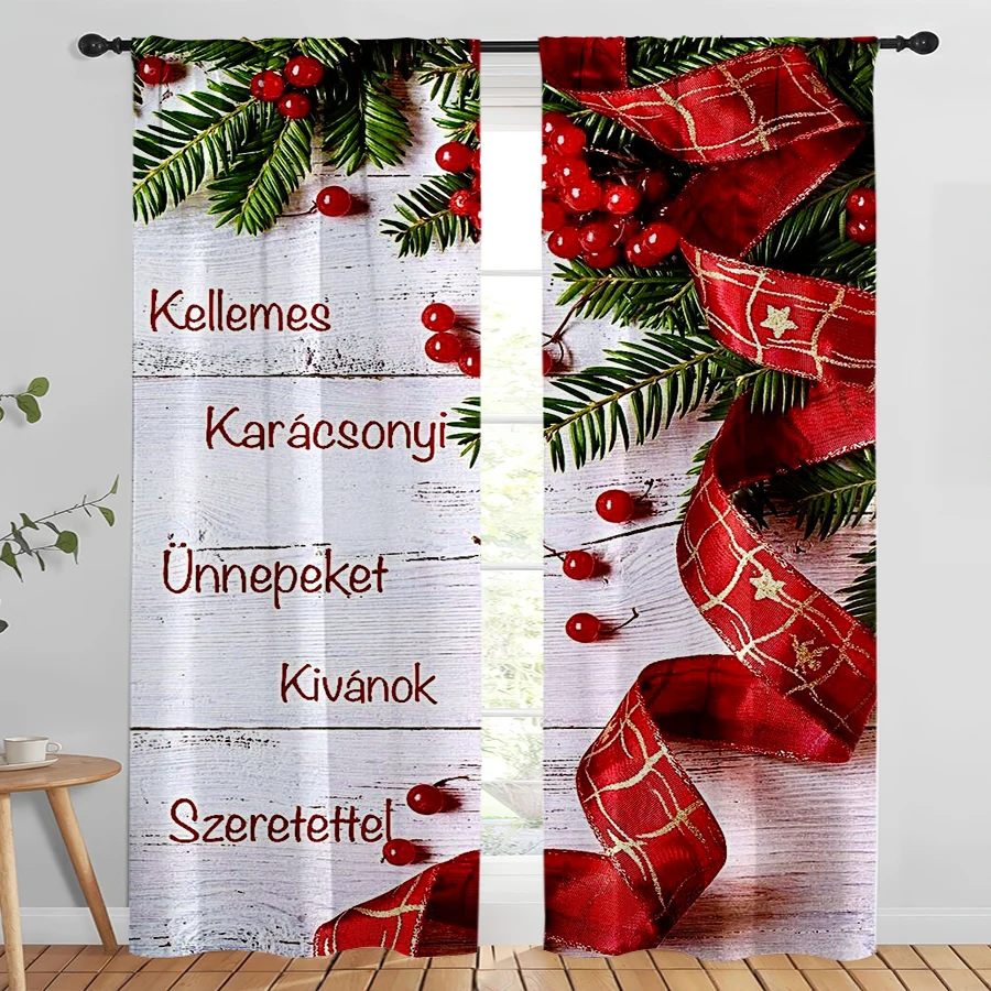 2PCS Digital Print Curtains, White Wood Board Pine Branches Red Berries Plaid Ribbon Hungarian Text, Rustic Farmhouse Style - Ch