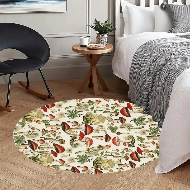 Mushroom forest rug flannel round mat cottagecore decor fairy tale woodland fantasy botanical illustration vintage style
