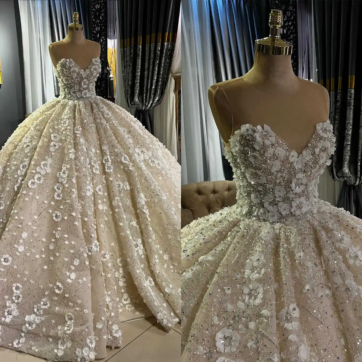 

Gorgeous Ball Gown Wedding Dress Sheer Neck Sleeveless Bridal Gown Sequins 3D Floral Sweep Train Dresses Custom Made