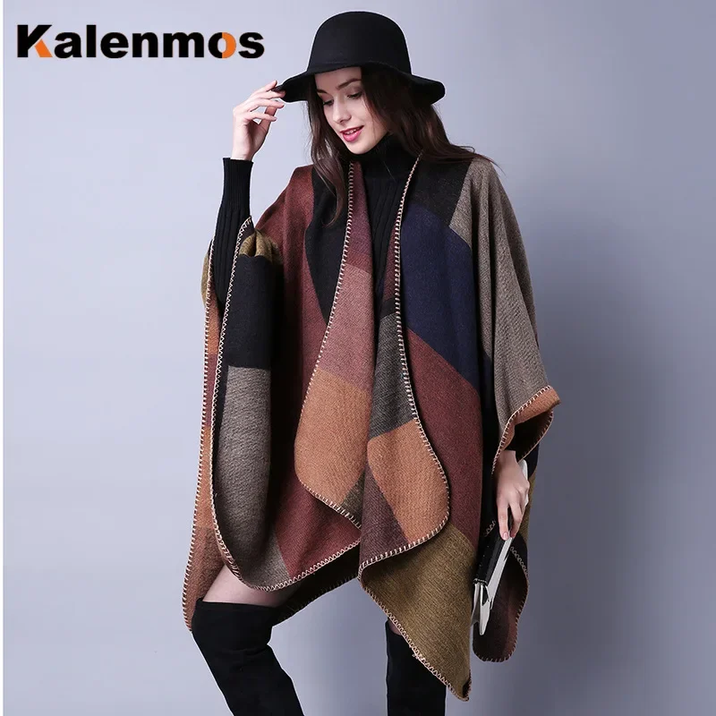 Autumn Winter Blanket Scarf Thick Wrap Poncho Women Plaid Travel Shawl Imitation Cashmere Capes National Wind Fork Thicker Cloak