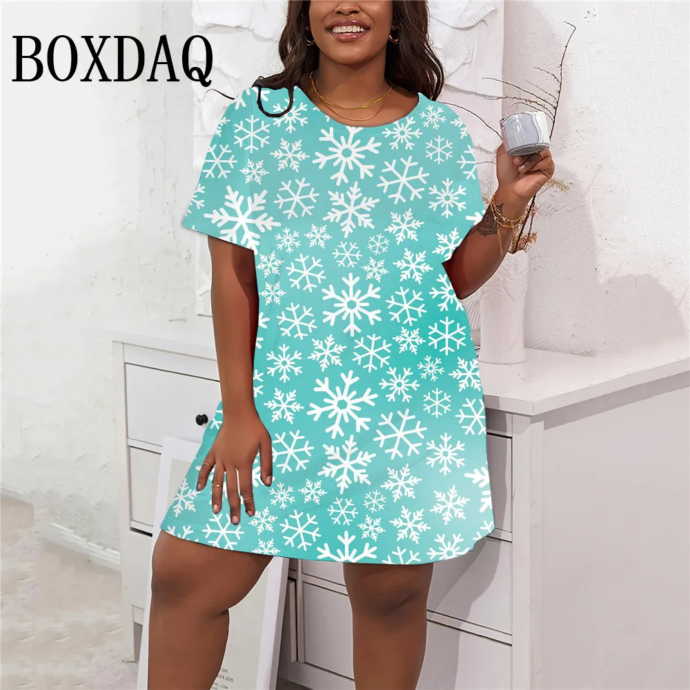 

Women Christmas Style 3D Printed Dress Casual O-Neck Short Sleeve Loose A-Line Winter Fashion Xmas Snowflake Dress Plus Size 9XL