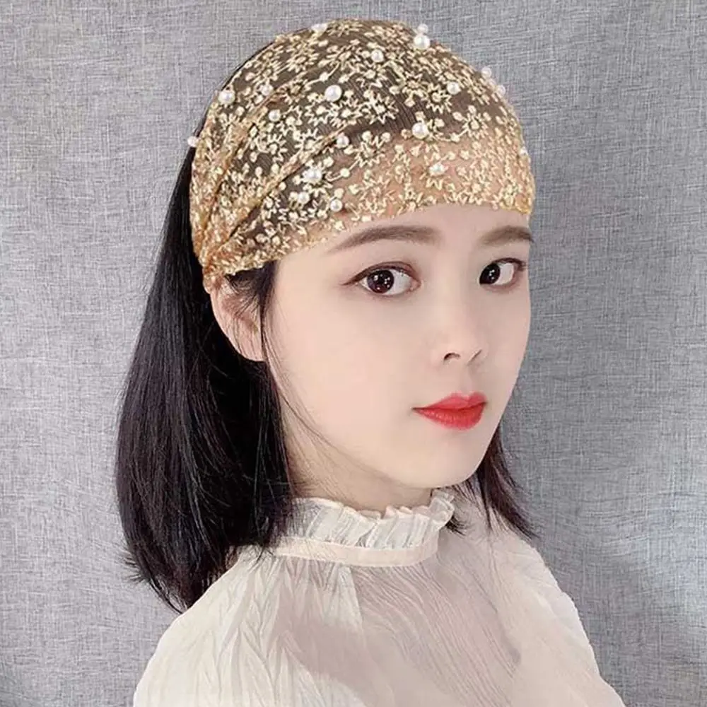 

Face Wash Fashion Design Flower Pearls Organza Headband Women Hair Accessories Wide Side Hairband Korean Style Hair Wear