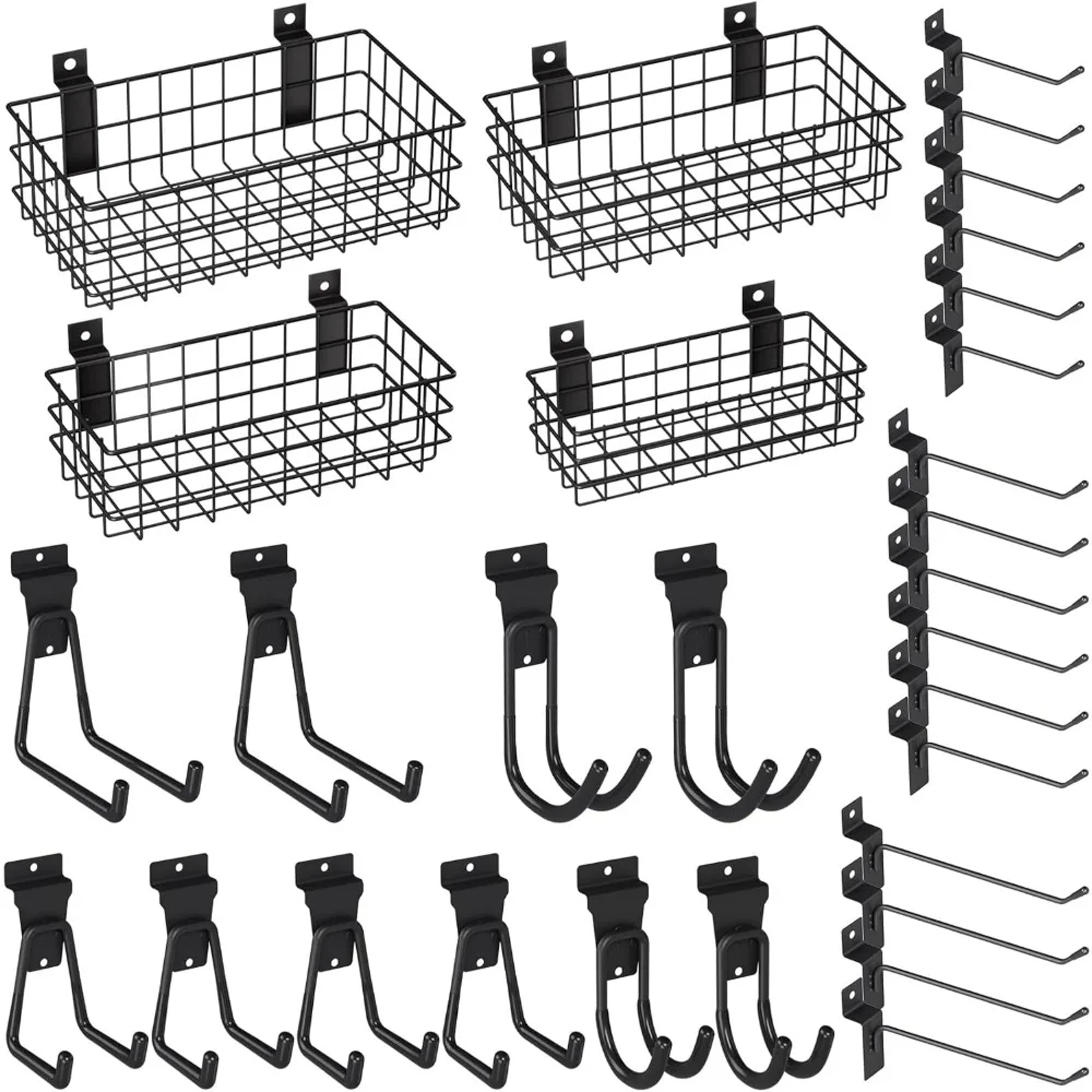 

30PCS Slatwall Accessories Set with 4 Wire Baskets & 26 Hooks for Garage Workshop Storage