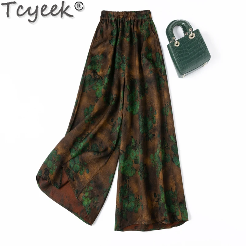 

Tcyeek 24MM 100% Mulberry Silk Long Pants for Women Wid Leg Pants Womans Clothing Summer Clothes Woman Trousers Pantalones Mujer