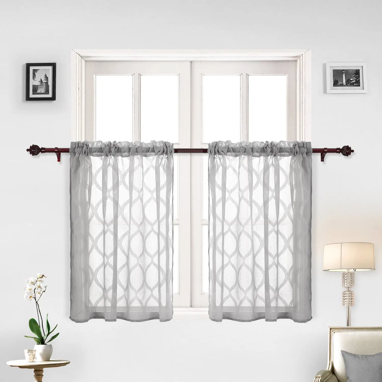 Deconovo 2 Panels Jacquard Cutwork Voile Curtains with Peach Pattern, Rod Pocket Sheer Window Drapes Without Tiebacks for Living Room Bedroom