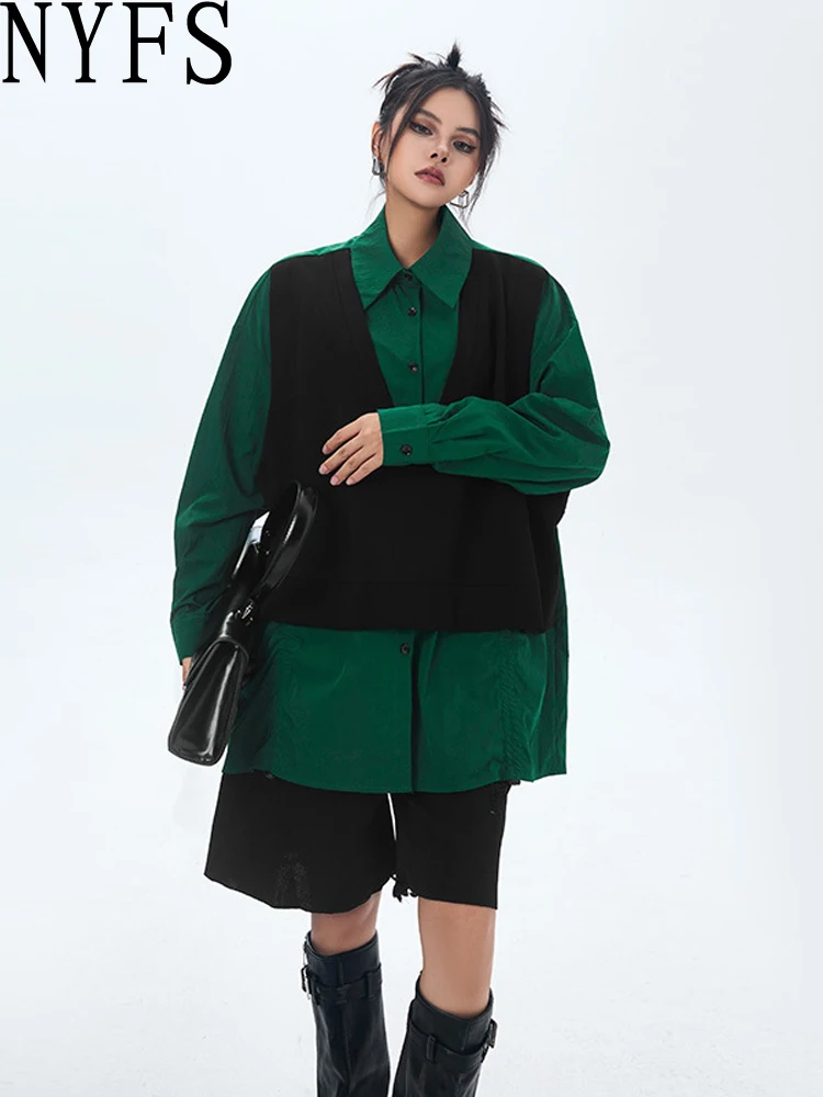 

NYFS, осенняя стильная женская рубашка, два поддельных топа с длинными рукавами, свободные однобортные Blusas больших размеров, Camisa Mujer